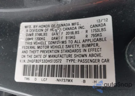 2013 Honda Civic Lx from USA, damaged, VIN 2HGFB2F53DH513572